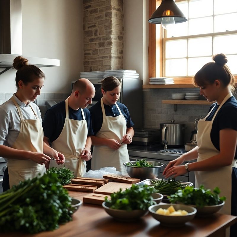 Rivertnova kitchen team of three chefs in cream aprons working at a prep station in Québec City