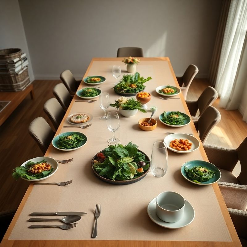 Overhead view of a corporate lunch spread on a long boardroom table with locally sourced Quebec ingredients