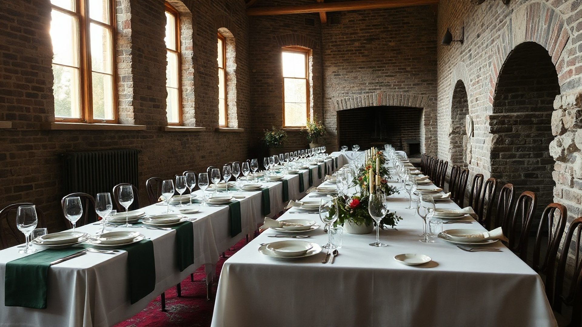 Long banquet table set for a Rivertnova event in a stone-walled Québec heritage hall
