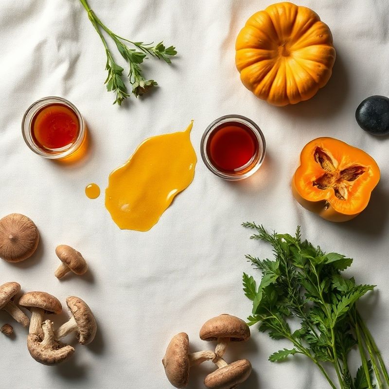 Flat-lay of seasonal Quebec ingredients including wild mushrooms, maple syrup, and heirloom squash on a cream linen surface