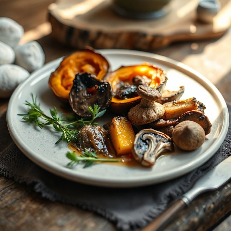 Plated autumn Quebec harvest course of roasted squash, cured game, and foraged mushrooms on a cream ceramic plate