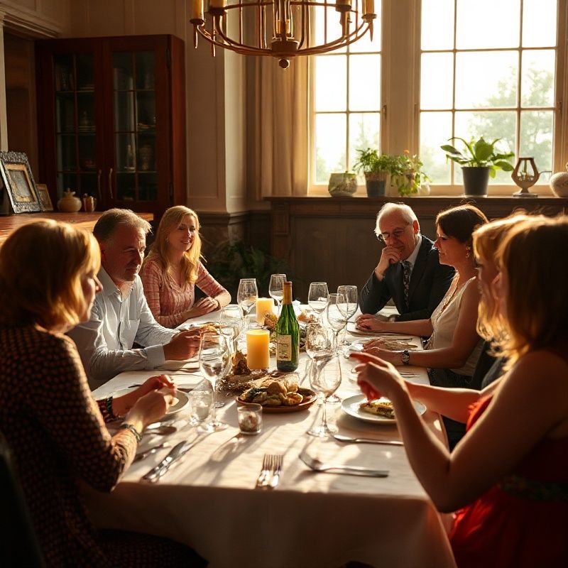 Guests around a private dinner table in a Québec City residential dining room with warm amber light