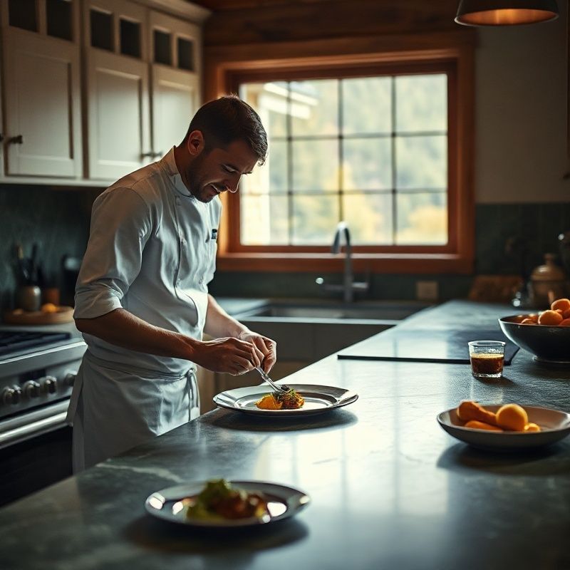 Chef plating a course in a private home kitchen with warm cream cabinetry and a forest-green stone countertop