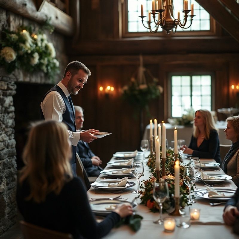 Server presenting a plated course to seated guests at a candlelit Quebec farmhouse wedding table