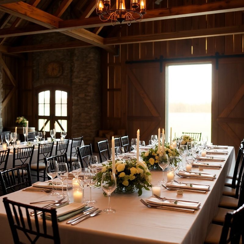Wedding reception dinner table in an autumn Quebec barn, dressed with cream and sage florals